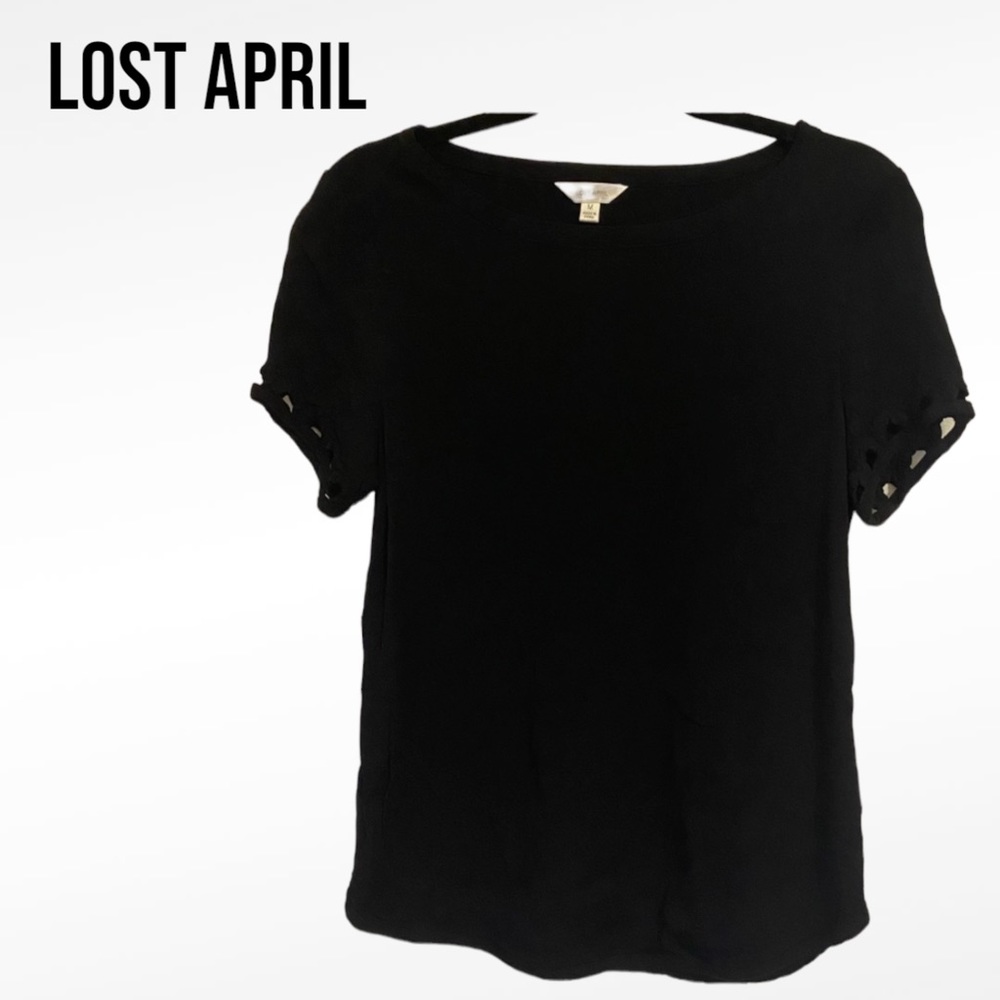 LOST APRIL Black Short Sleeve Lattice Tunic Top Blouse EUC